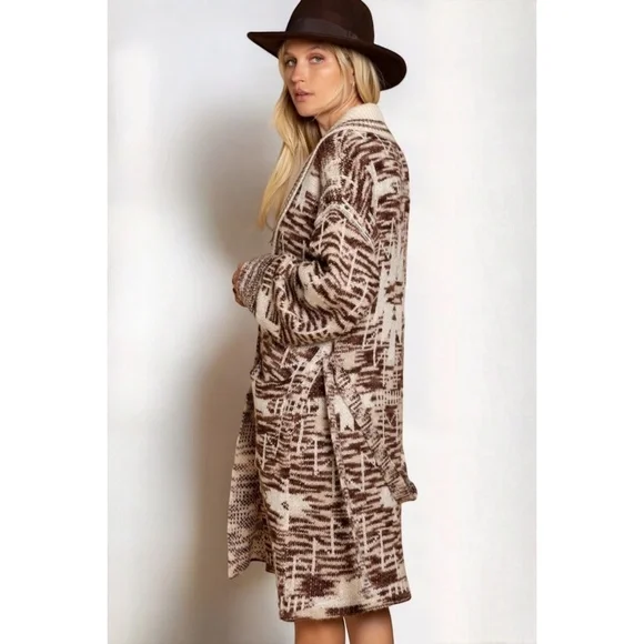 POL Beige & Brown Aztec Belted Knit Cardigan - Picture 7 of 9
